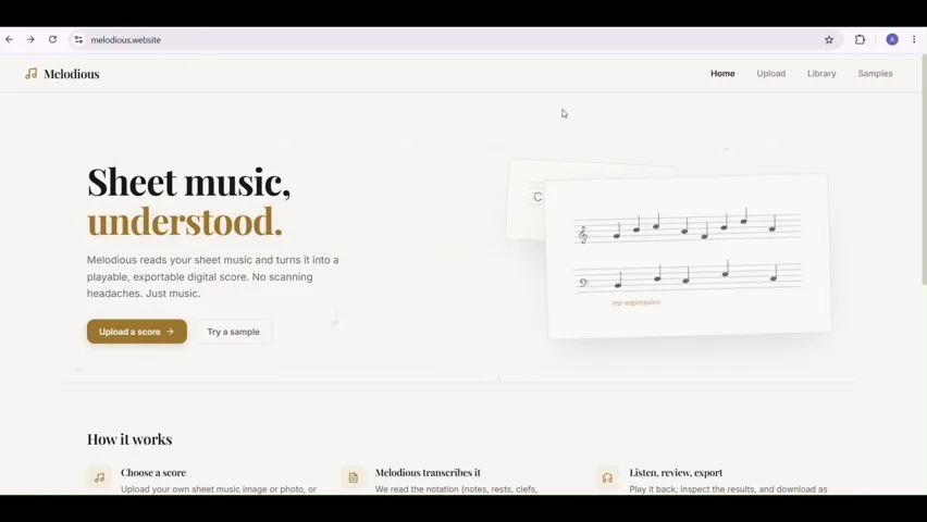 Melodious homepage with the headline Sheet music, understood