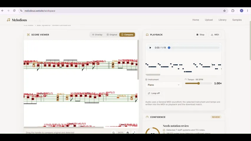 Melodious workspace comparing original sheet music with detected notation overlays, playback, and confidence review