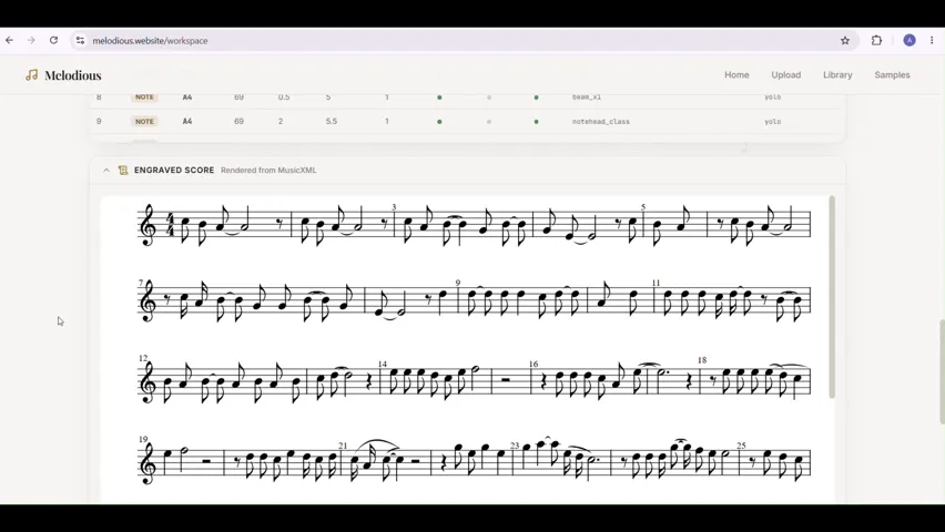 Engraved score rendered from MusicXML after Melodious transcription